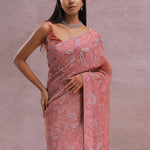 Pinkish Peach Organza Embroidery Saree