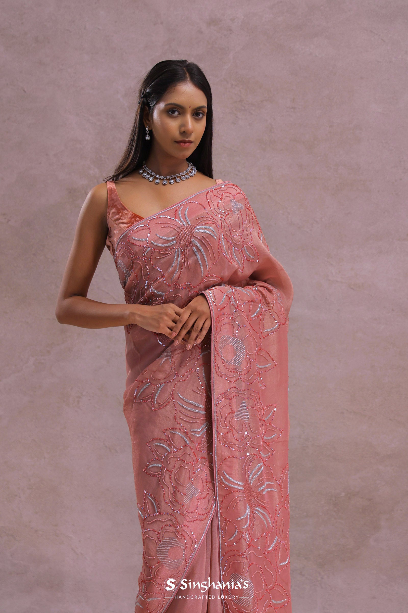 Pinkish Peach Organza Embroidery Saree