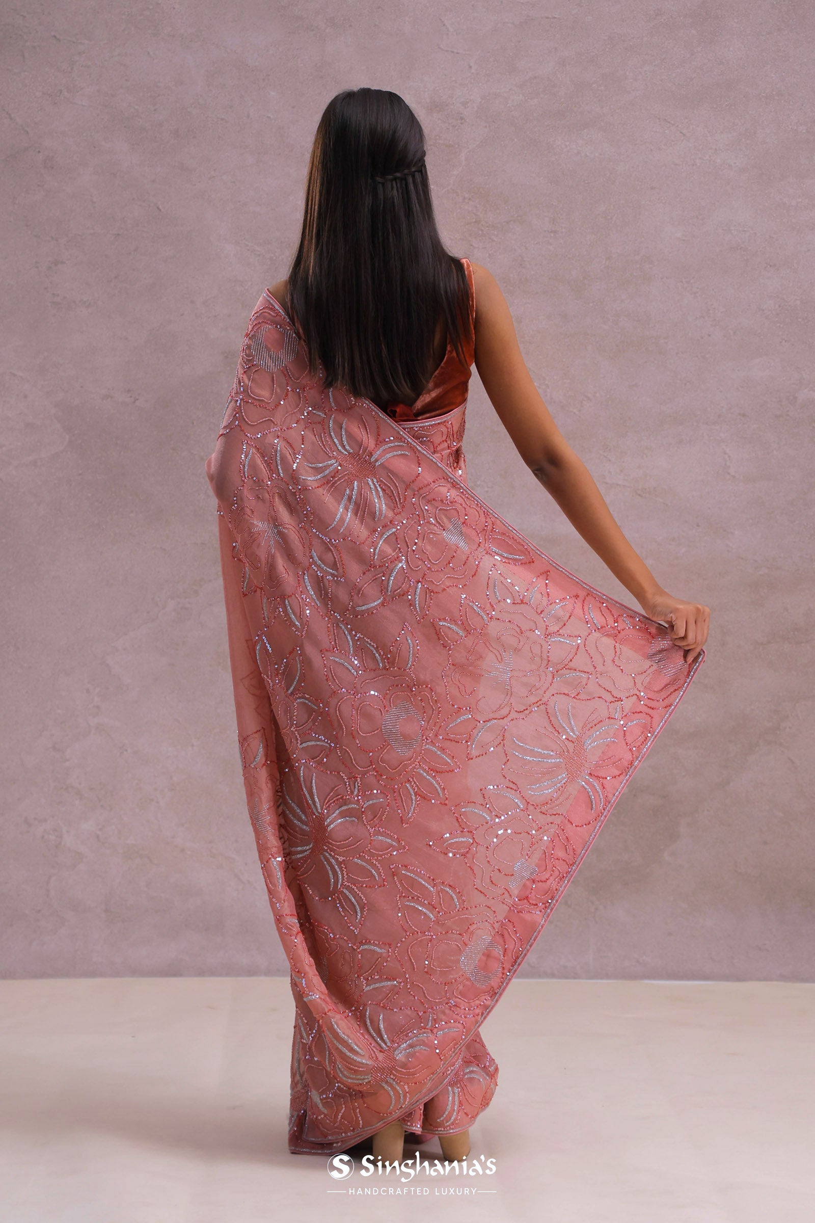 Pinkish Peach Organza Embroidery Saree