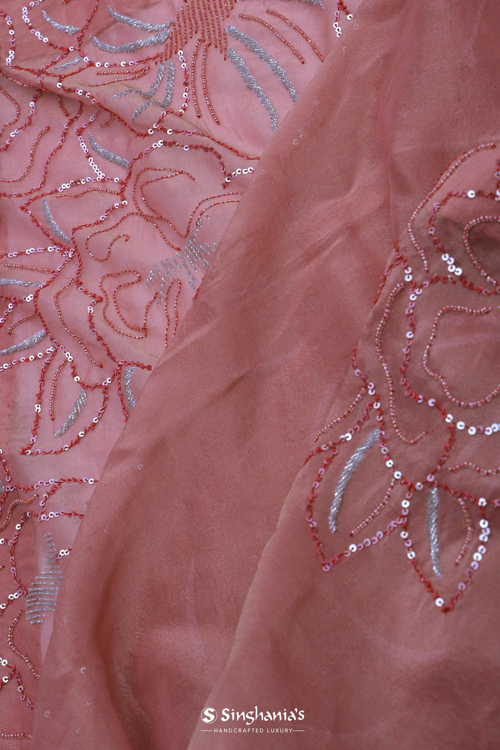 Pinkish Peach Organza Embroidery Saree