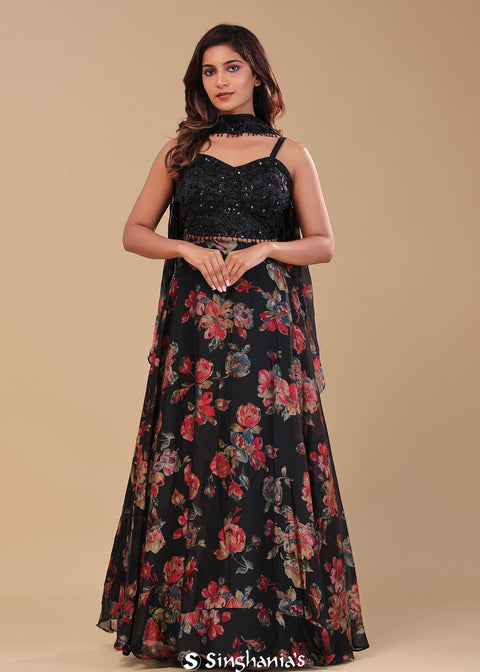 <img> Black Georgette Lehenga Set With Sequins And Beads Work