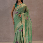 Dark Mint Green Crush Tissue Saree With Paisley Border