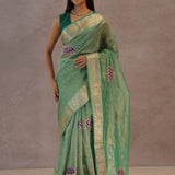 Dark Mint Green Crush Tissue Saree With Paisley Border
