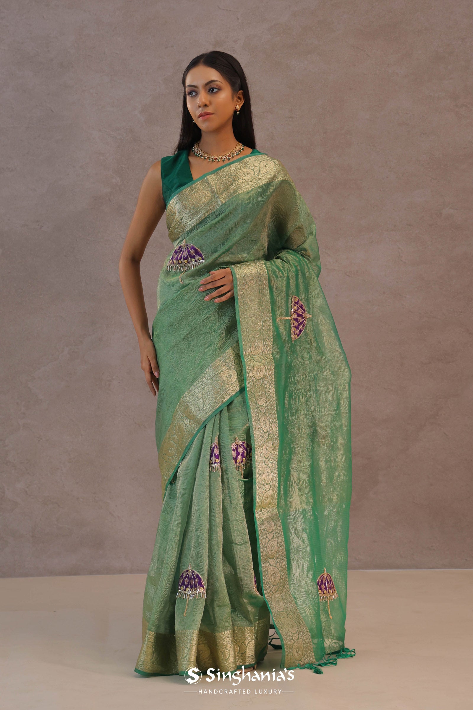 Dark Mint Green Crush Tissue Saree With Paisley Border