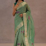 Dark Mint Green Crush Tissue Saree With Paisley Border