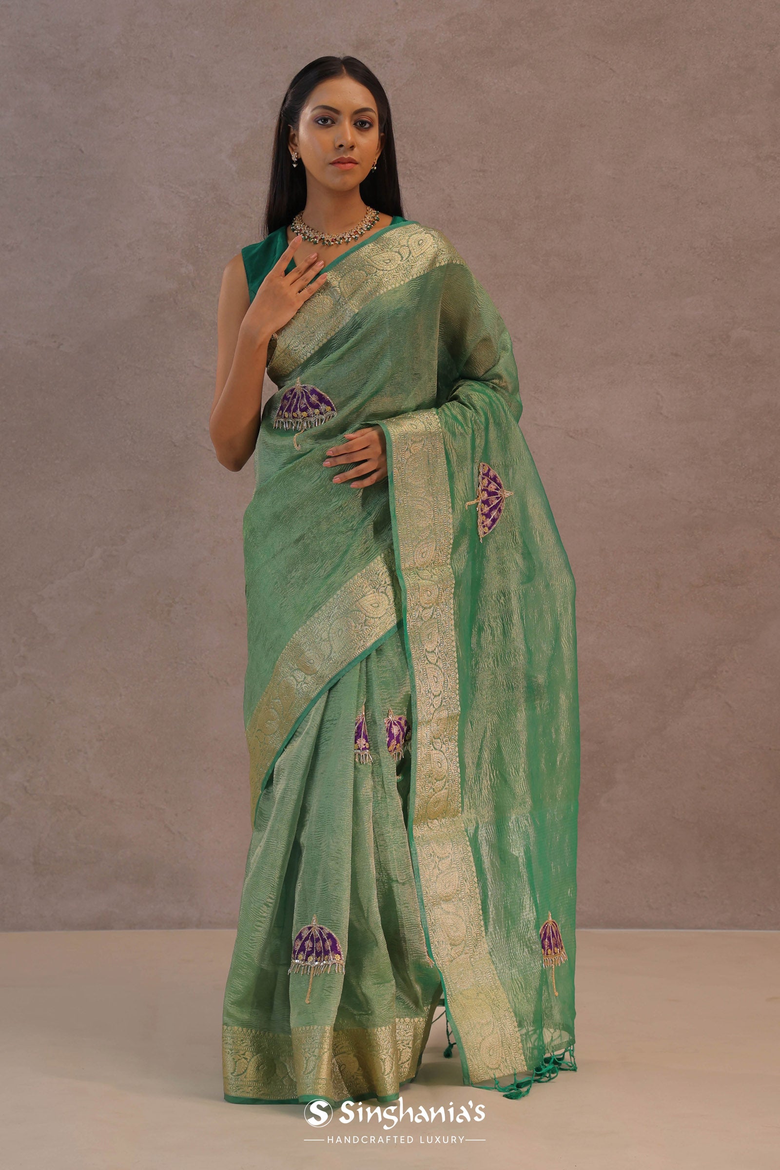 Dark Mint Green Crush Tissue Saree With Paisley Border