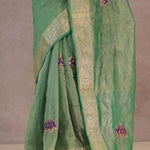 Dark Mint Green Crush Tissue Saree With Paisley Border