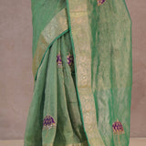 Dark Mint Green Crush Tissue Saree With Paisley Border