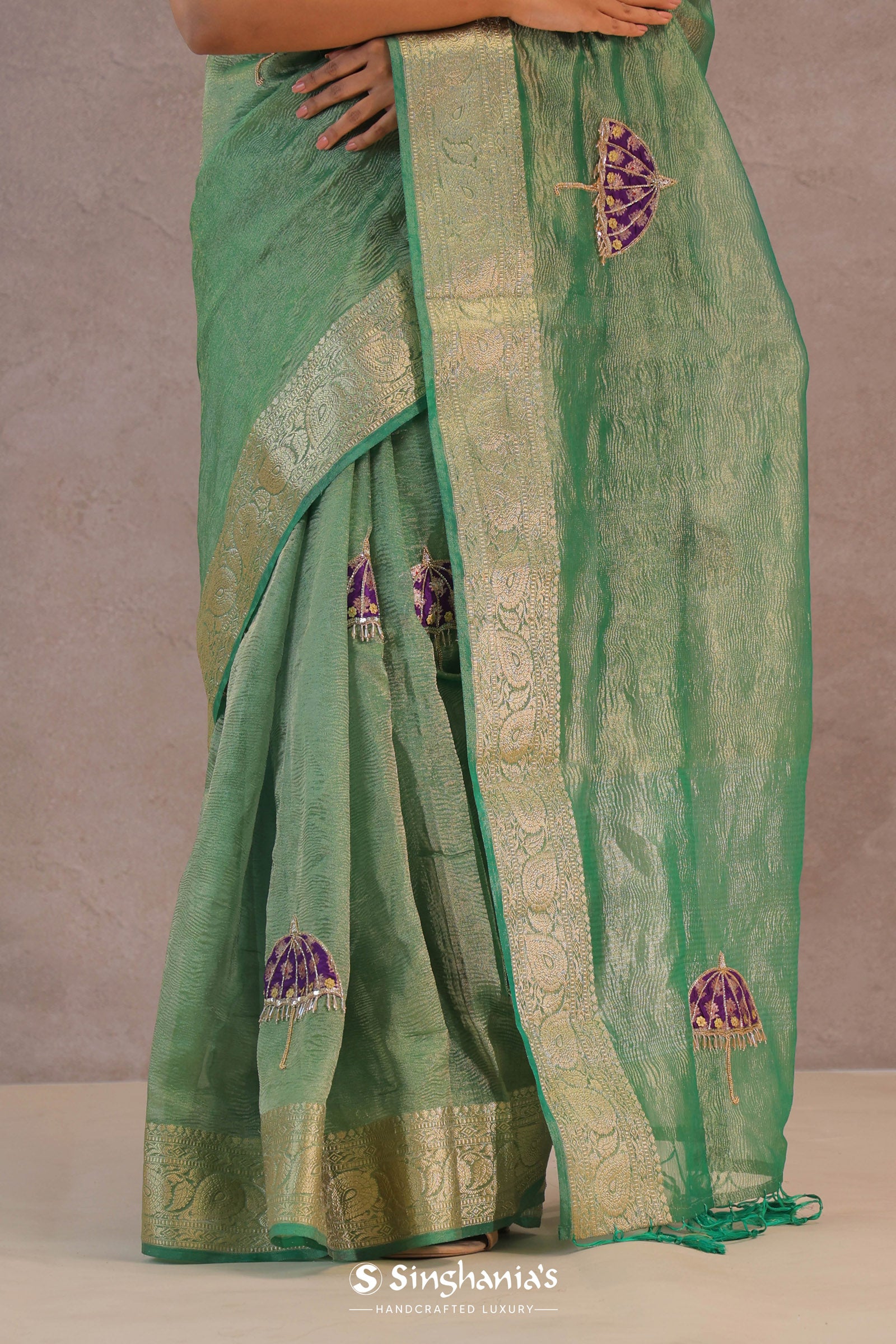 Dark Mint Green Crush Tissue Saree With Paisley Border
