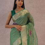Dark Mint Green Crush Tissue Saree With Paisley Border