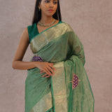 Dark Mint Green Crush Tissue Saree With Paisley Border