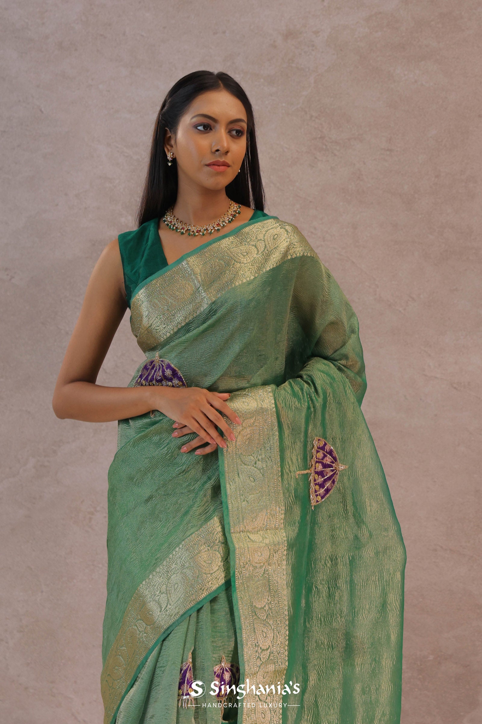 Dark Mint Green Crush Tissue Saree With Paisley Border