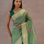 Dark Mint Green Crush Tissue Saree With Paisley Border