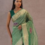 Dark Mint Green Crush Tissue Saree With Paisley Border