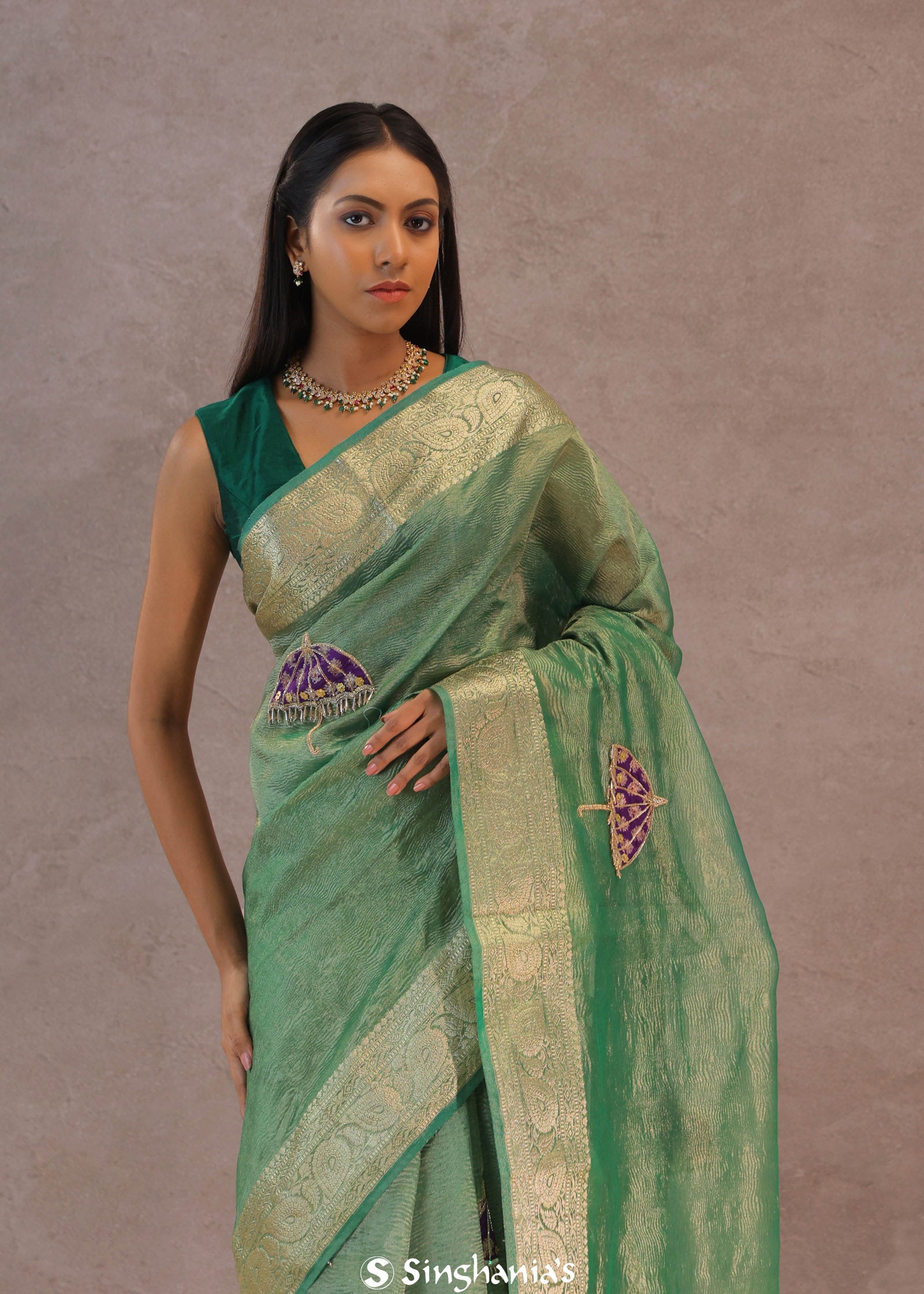 Dark Mint Green Crush Tissue Saree With Paisley Border