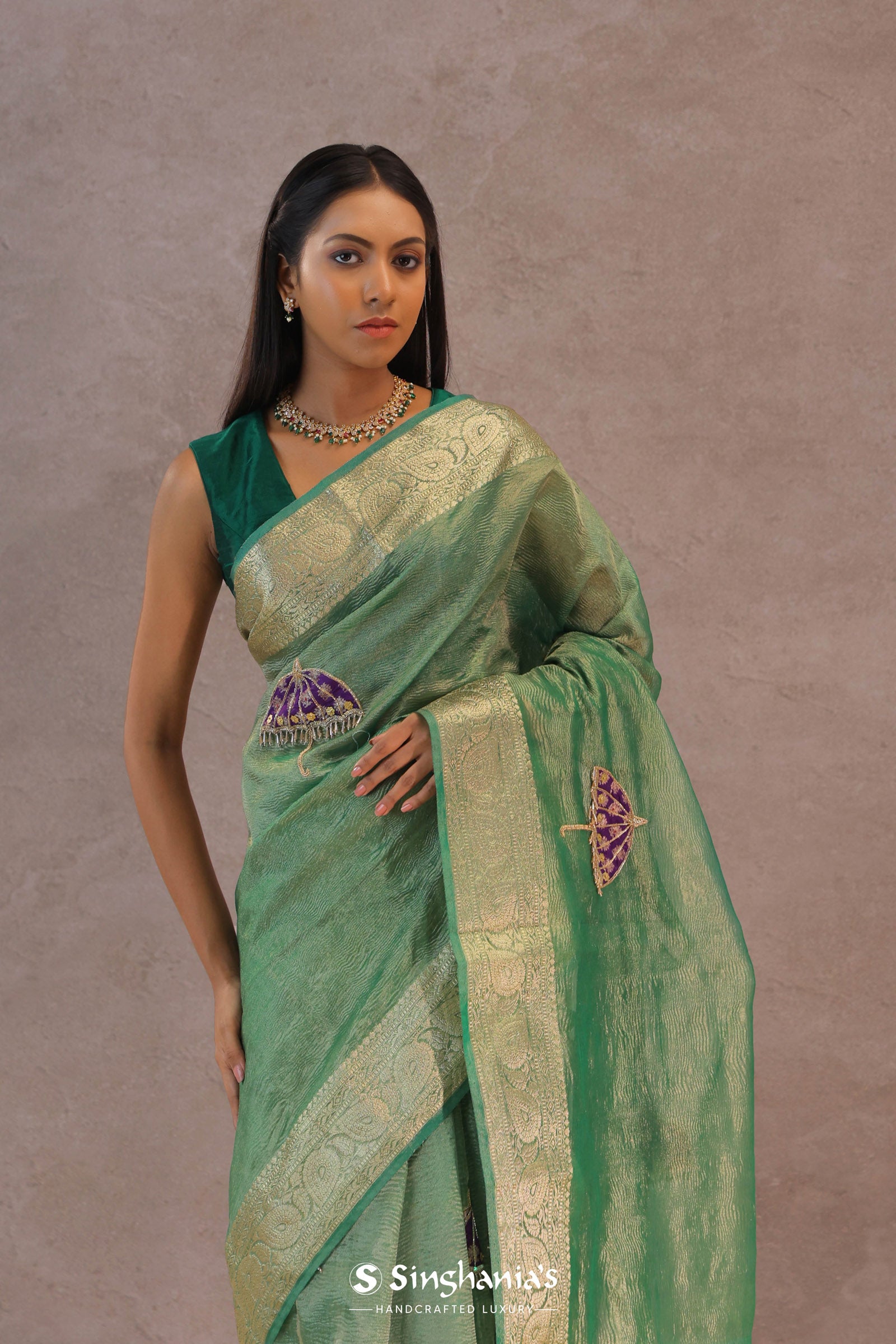 Dark Mint Green Crush Tissue Saree With Paisley Border
