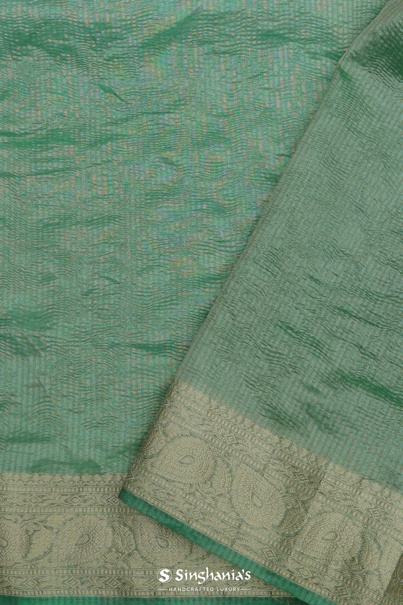 Dark Mint Green Crush Tissue Saree With Paisley Border