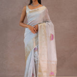 White Crush Tissue Saree With Purple Butta'S