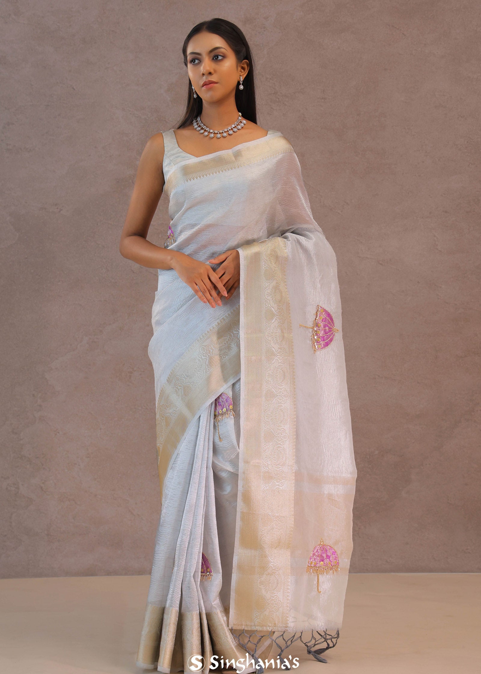 White Crush Tissue Saree With Purple Butta'S