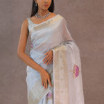 White Crush Tissue Saree With Purple Butta'S