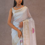 White Crush Tissue Saree With Purple Butta'S