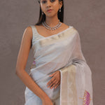 White Crush Tissue Saree With Purple Butta'S