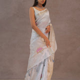 White Crush Tissue Saree With Purple Butta'S