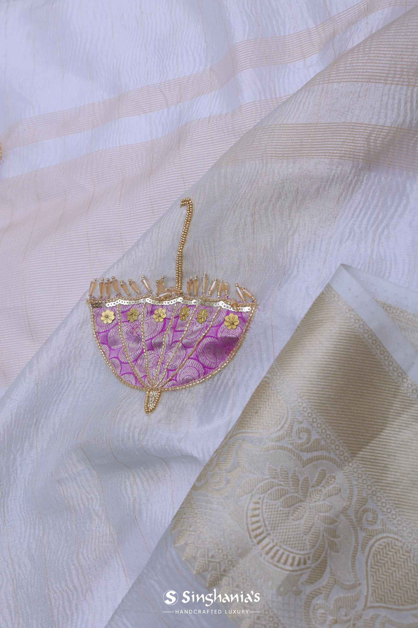 White Crush Tissue Saree With Purple Butta'S