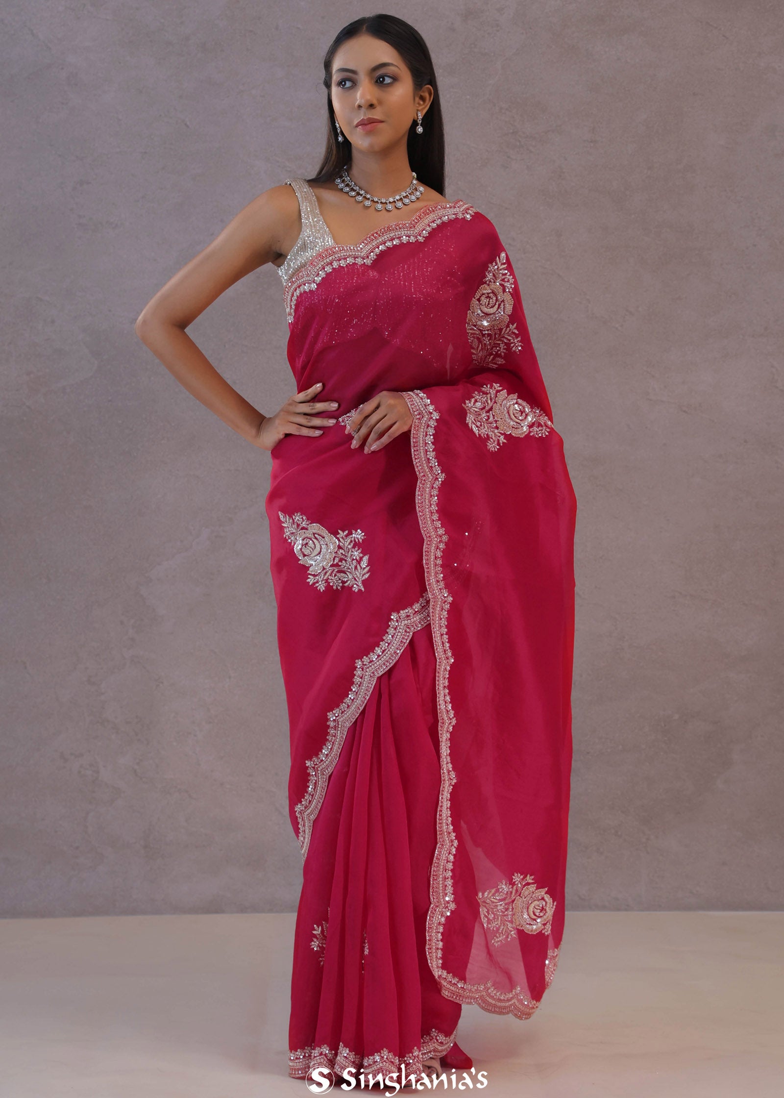 Magenta Organza Embroidery Saree With Scallop Border