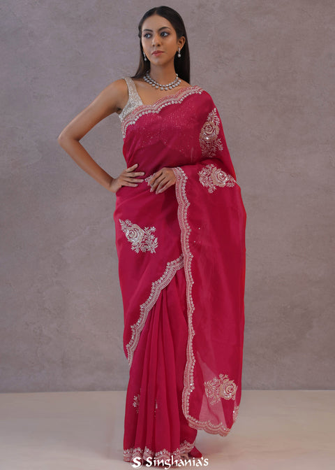 Magenta Organza Embroidery Saree With Scallop Border