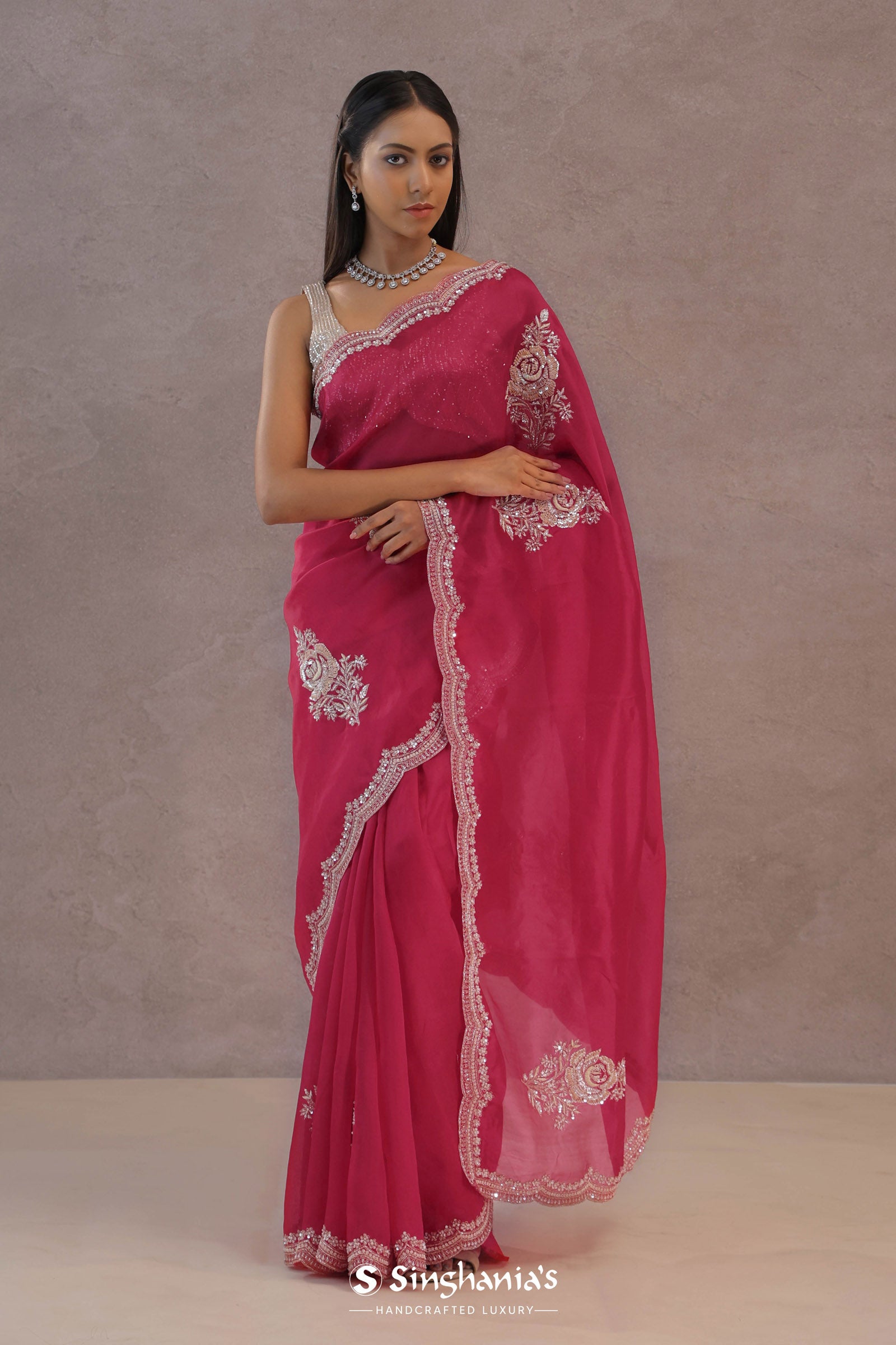 Magenta Organza Embroidery Saree With Scallop Border