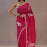 Magenta Organza Embroidery Saree With Scallop Border