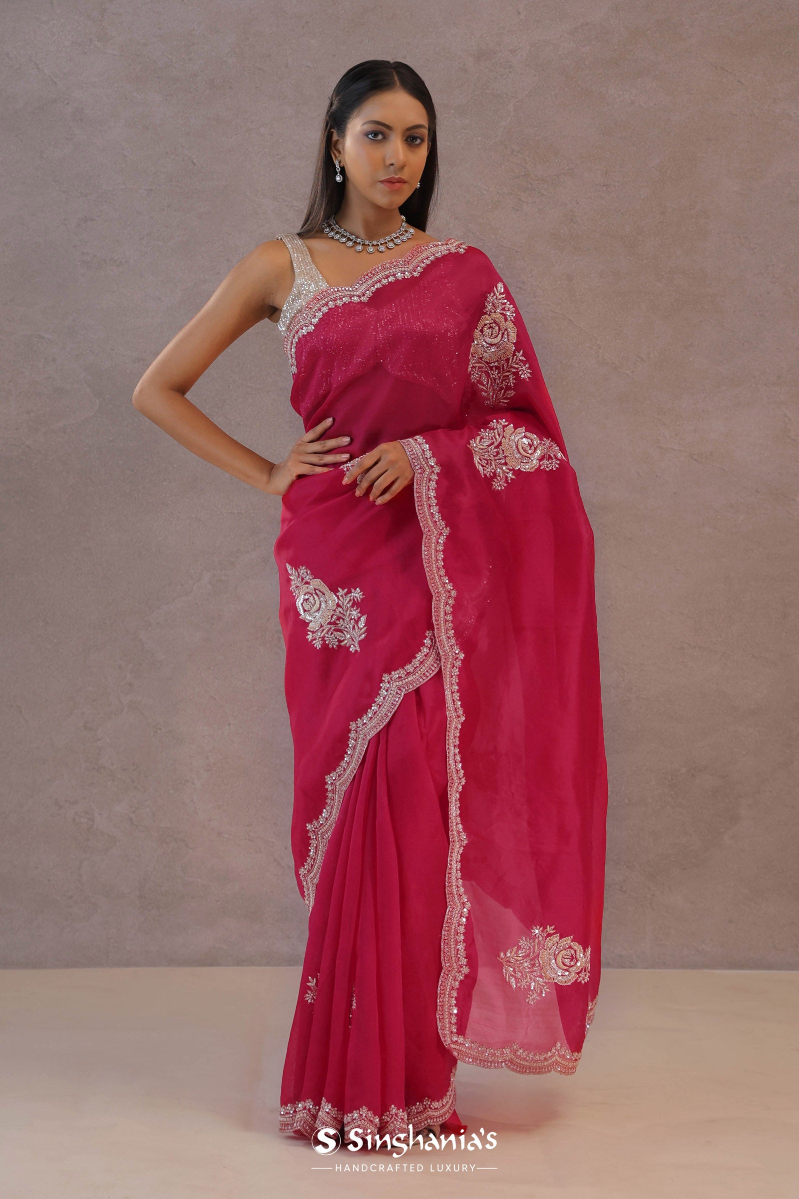 Magenta Organza Embroidery Saree With Scallop Border