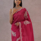 Magenta Organza Embroidery Saree With Scallop Border