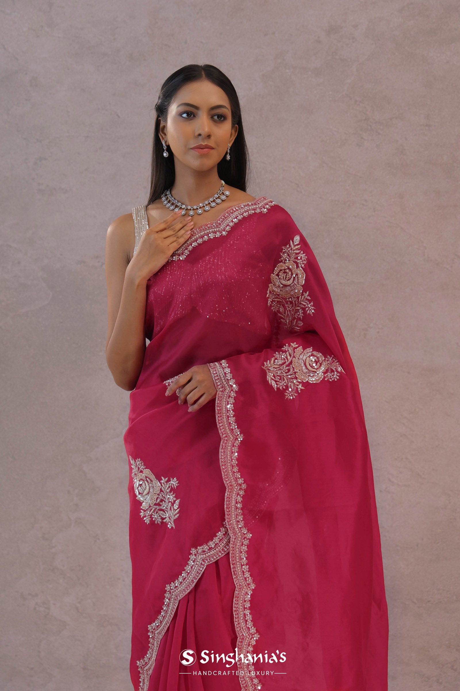 Magenta Organza Embroidery Saree With Scallop Border