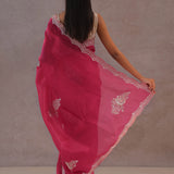 Magenta Organza Embroidery Saree With Scallop Border