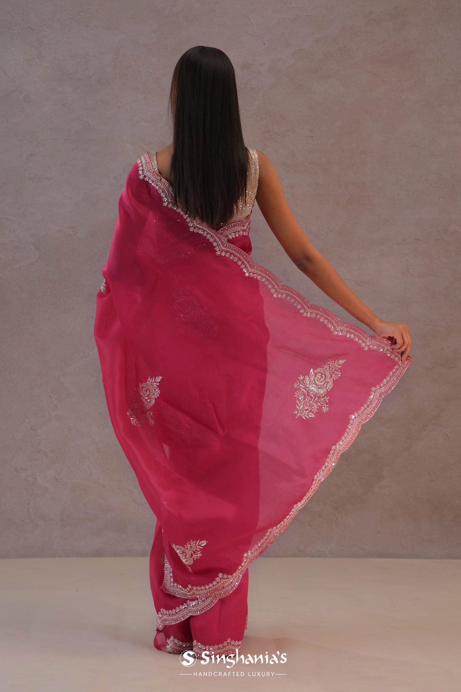 Magenta Organza Embroidery Saree With Scallop Border