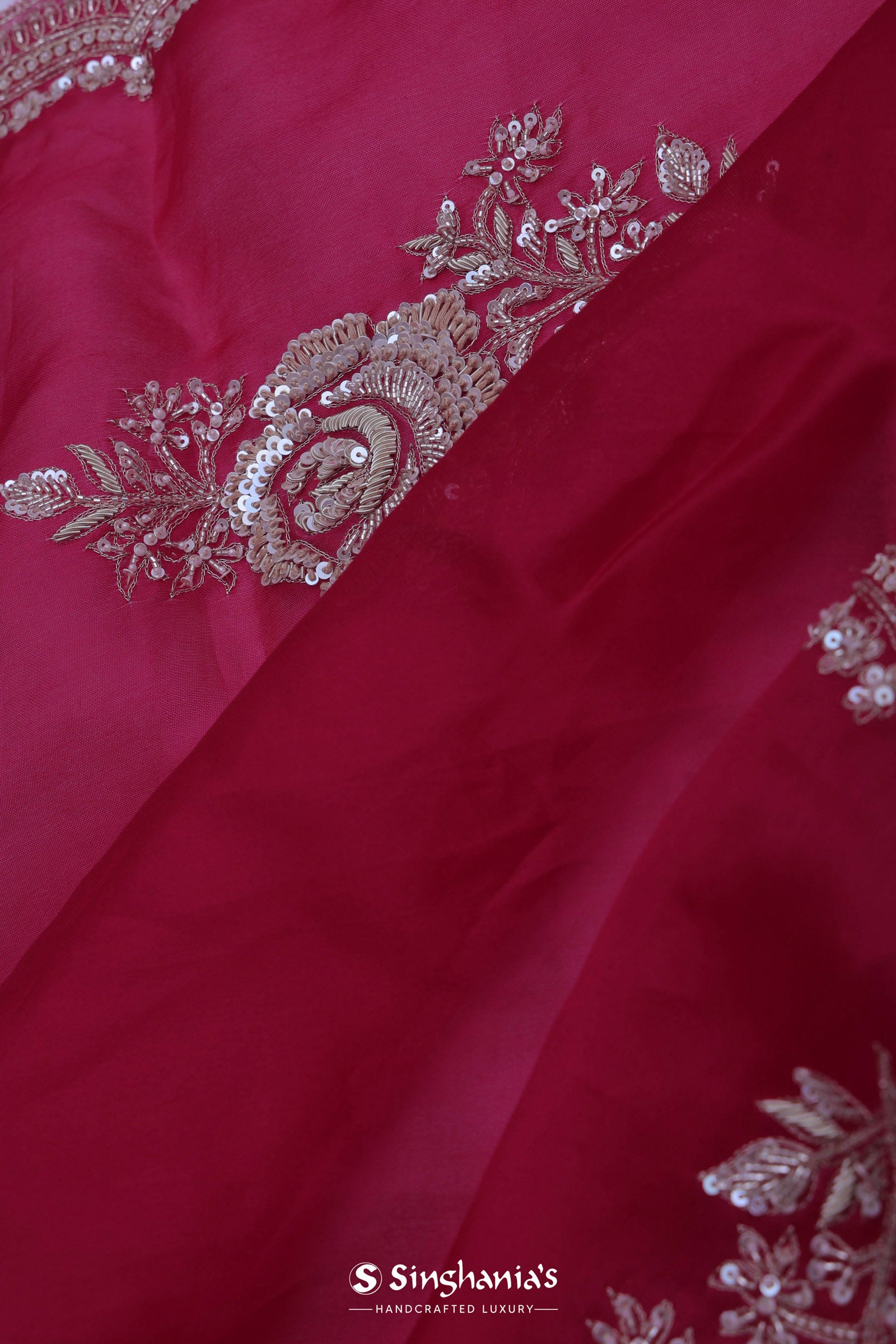 Magenta Organza Embroidery Saree With Scallop Border