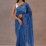 Navy Blue Organza Embroidery Saree With Sequins Border
