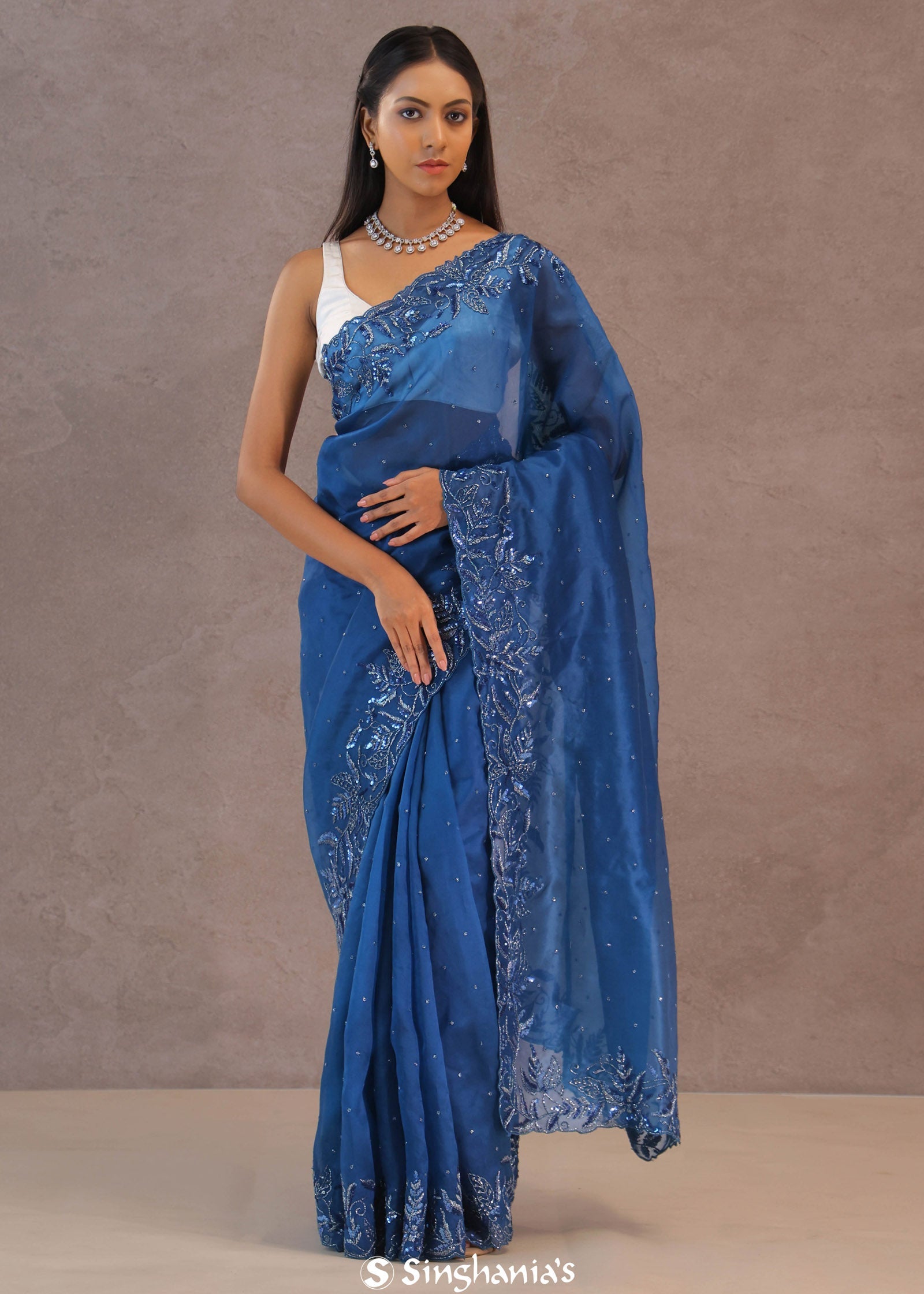 Navy Blue Organza Embroidery Saree With Sequins Border