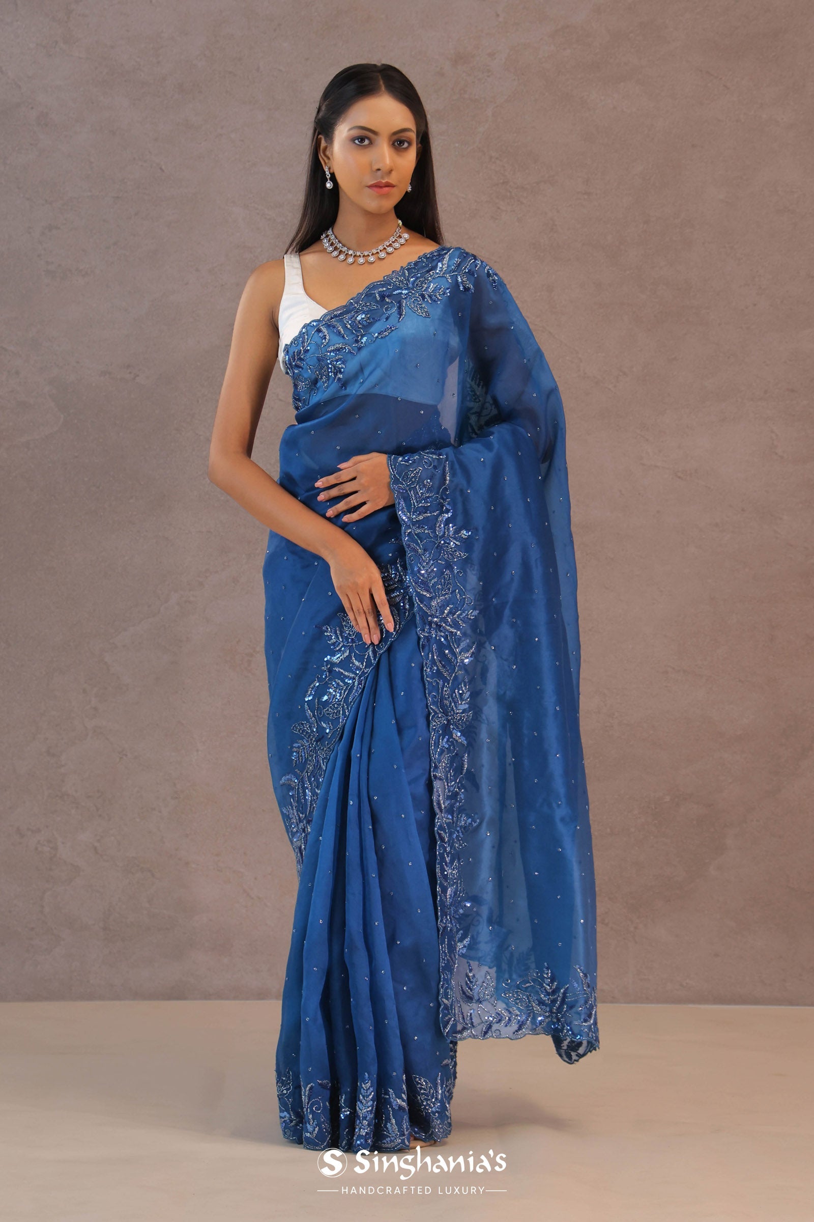 Navy Blue Organza Embroidery Saree With Sequins Border