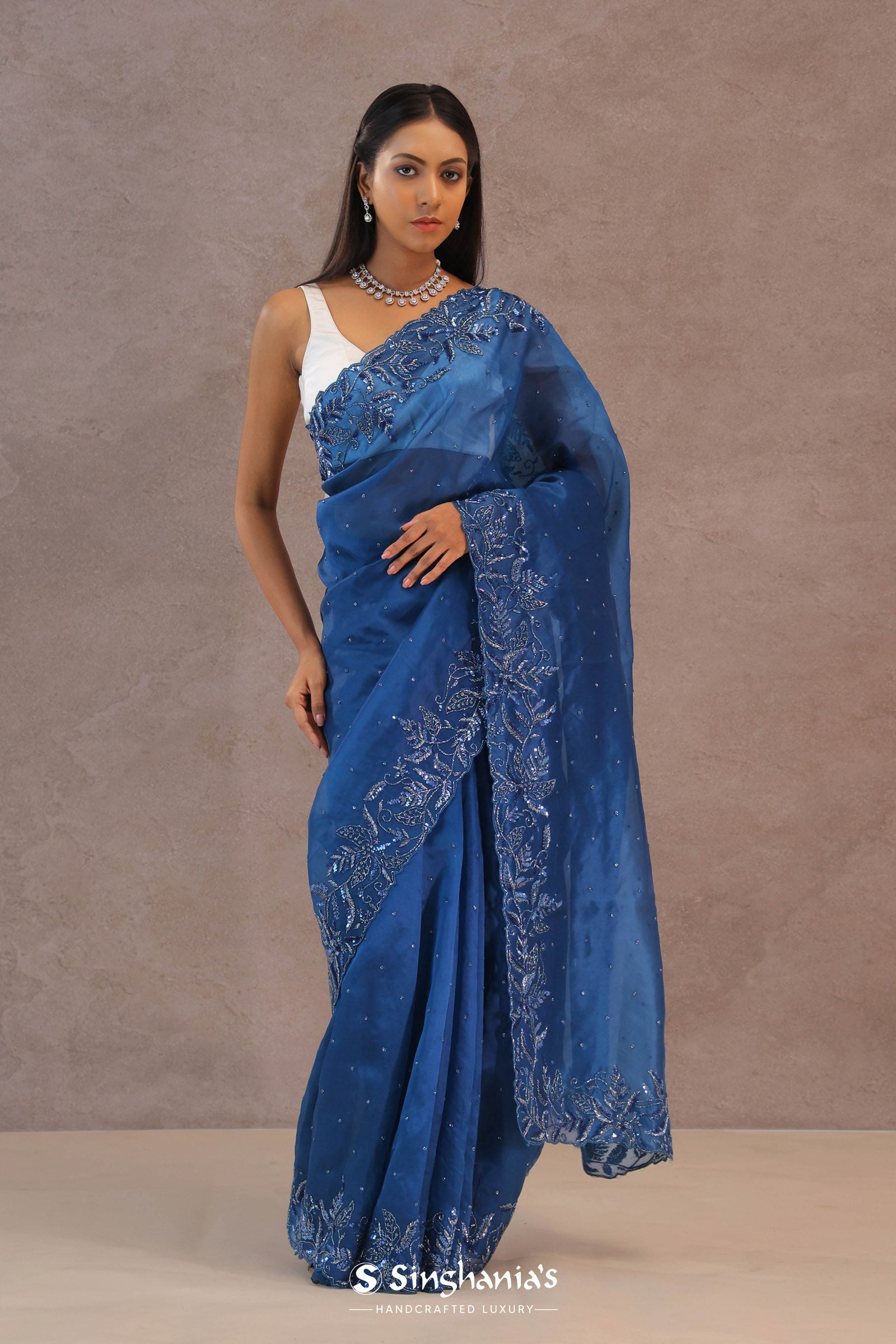 Navy Blue Organza Embroidery Saree With Sequins Border