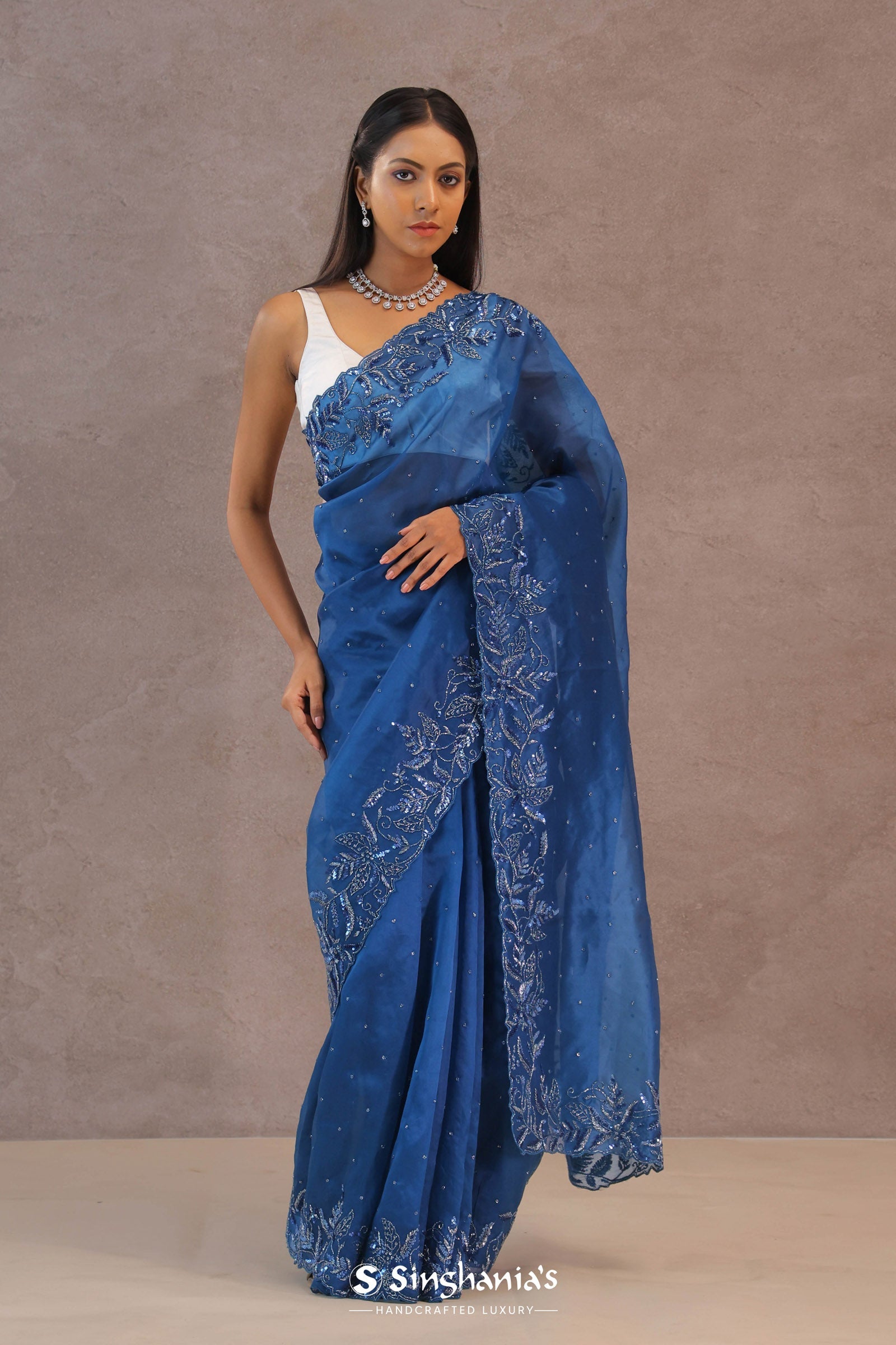 Navy Blue Organza Embroidery Saree With Sequins Border