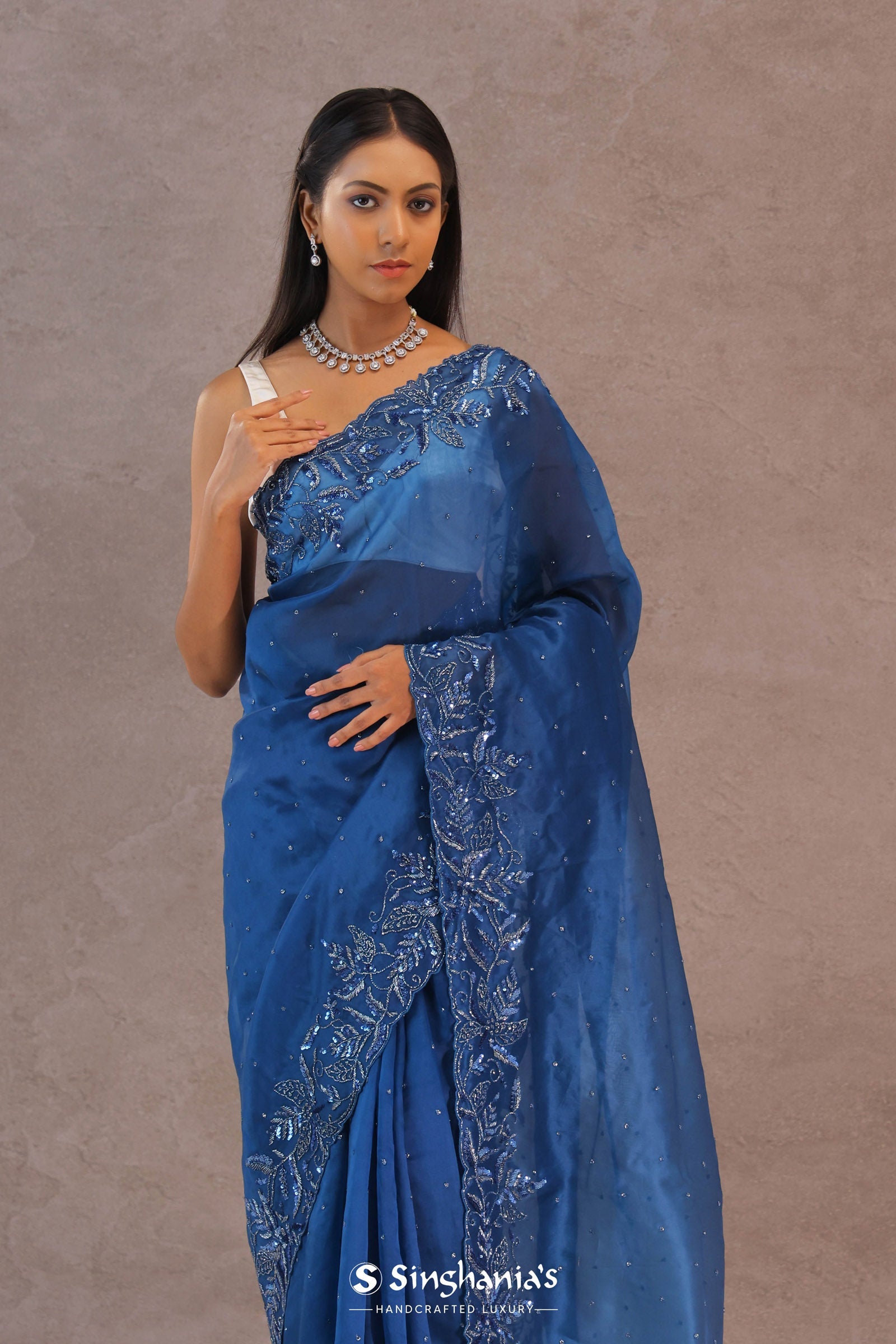 Navy Blue Organza Embroidery Saree With Sequins Border