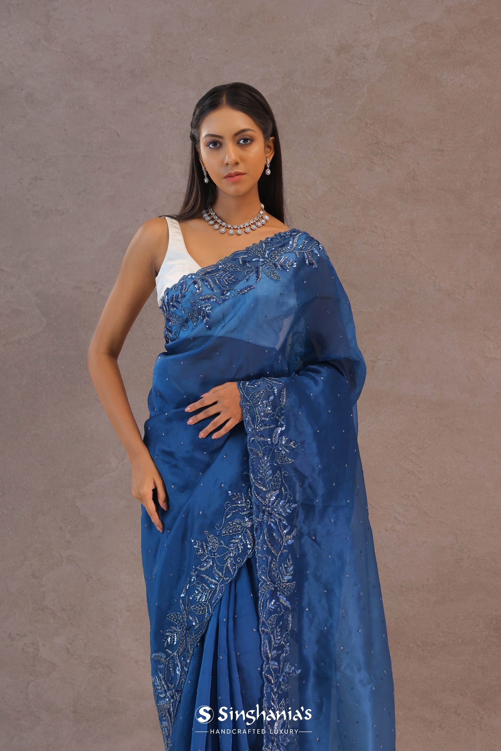 Navy Blue Organza Embroidery Saree With Sequins Border