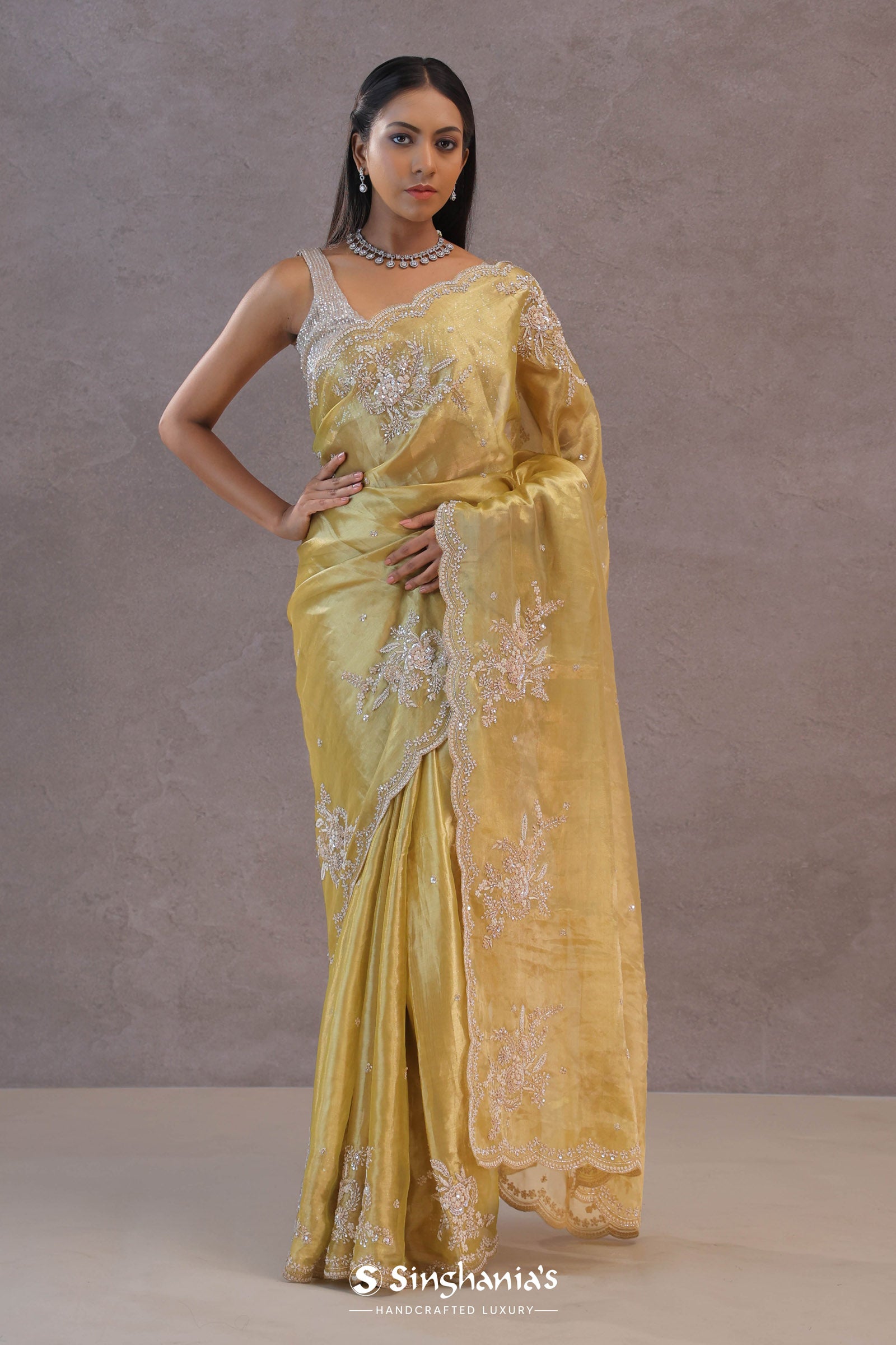 Soft Yellow Tissue Organza Embroidery Saree With Scallop Border