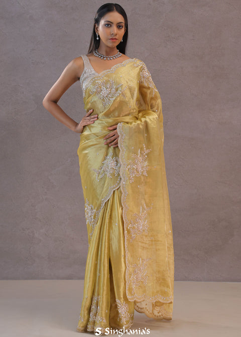 Soft Yellow Tissue Organza Embroidery Saree With Scallop Border