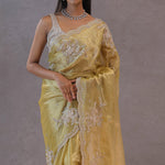Soft Yellow Tissue Organza Embroidery Saree With Scallop Border