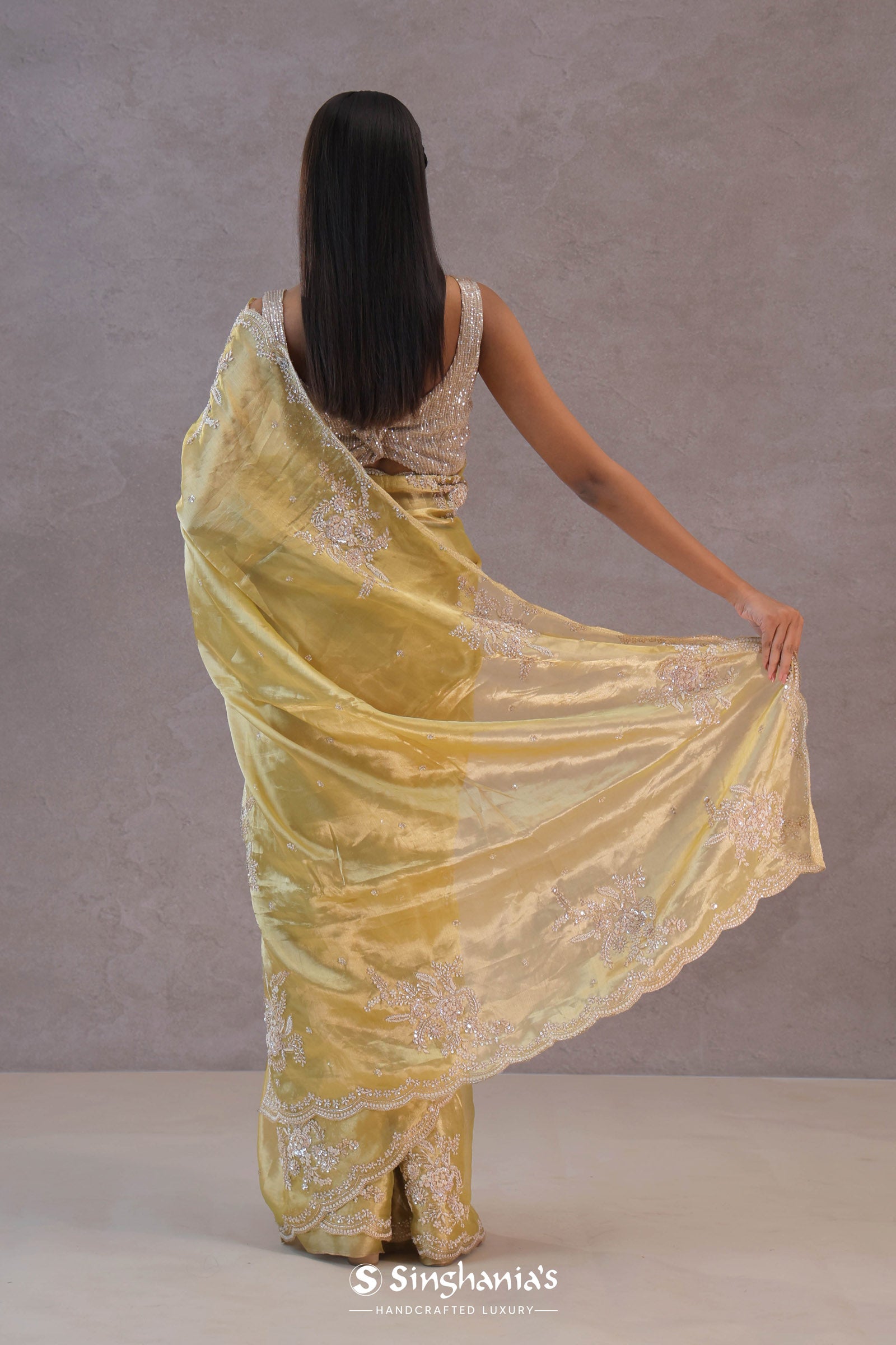 Soft Yellow Tissue Organza Embroidery Saree With Scallop Border