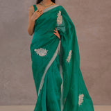 Ocean Blue Organza Embroidery Saree With Scallop Border